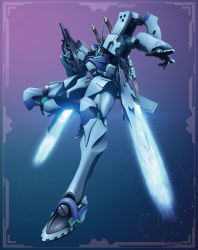 Rule 34 | airborne, assault visor, blu-ray cover, cover, full body, gun, highres, holding, holding gun, holding weapon, leg up, looking down, mecha, muv-luv, muv-luv alternative, muv-luv alternative (anime), official art, open hand, robot, science fiction, solo, sword, tactical surface fighter, thrusters, type 94 shiranui, weapon, weapon on back