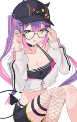 Rule 34 | 1girl, absurdres, baseball cap, bespectacled, black shorts, breasts, choker, cleavage, cropped jacket, demon tail, ear piercing, fang, glasses, green eyes, hat, highres, hololive, kanna hm33, long hair, medium breasts, midriff, multicolored nails, navel, o-ring, o-ring choker, piercing, purple hair, shorts, single thighhigh, skin fang, spade (shape), tail, thighhighs, tokoyami towa, tokoyami towa (1st costume), twintails, virtual youtuber, white background
