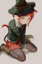 Rule 34 | 1girl, :o, animal ears, black hat, black jacket, brown eyes, brown footwear, brown pantyhose, cat ears, cat tail, danganronpa (series), danganronpa v3: killing harmony, full body, gem, hand up, hat, highres, jacket, long sleeves, looking at viewer, open clothes, open jacket, pantyhose, red hair, red skirt, shiromo ooo, short hair, simple background, skirt, solo, tail, white background, witch hat, yumeno himiko
