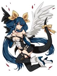 Rule 34 | 1girl, angel wings, asymmetrical wings, bare shoulders, black panties, black thighhighs, blue hair, blush, breasts, cleavage, closed mouth, cohina, dizzy (guilty gear), full body, guilty gear, guilty gear xrd, hair rings, hand on own chest, high heels, highres, large breasts, looking at viewer, mature female, midriff, monster girl, navel, panties, red eyes, ribbon, smile, solo, tail, tail ornament, tail ribbon, thick thighs, thigh gap, thighhighs, thighs, twintails, underwear, wings, yellow ribbon
