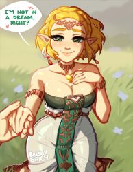 Rule 34 | 1girl, armlet, artist name, bare shoulders, blonde hair, blush, blushyspicy, bracelet, braid, breasts, cleavage, closed mouth, collarbone, crown braid, day, dress, earrings, english text, field, grass, half-closed eyes, hand on own chest, highres, holding hands, jewelry, large breasts, lips, looking at viewer, necklace, nintendo, outdoors, pointy ears, princess zelda, short hair, smile, solo focus, strapless, strapless dress, the legend of zelda, the legend of zelda: tears of the kingdom, white dress