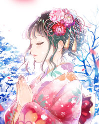 Rule 34 | 1girl, bare tree, blue flower, blue hair, bow, closed eyes, flower, from side, hair behind ear, hair flower, hair ornament, hatsumoude, highres, japanese clothes, kimono, multicolored hair, new year, original, own hands together, parted lips, petals, pink flower, pink hair, purple nails, red bow, red flower, red kimono, snow, solo, streaked hair, tohri hosoya, tree