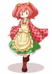 Rule 34 | 1girl, apron, bell, boots, character name, clothes writing, cross-laced footwear, dress, female focus, frills, hair bell, hair ornament, highres, jingle bell, lace-up boots, mazume, motoori kosuzu, red eyes, red hair, shadow, smile, solo, touhou, twintails, two side up, | |