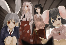 Rule 34 | 4girls, adjusting hair, animal ears, annoyed, bad id, bad pixiv id, rabbit ears, cat, cattail, crossed arms, detached sleeves, female focus, fujiwara no mokou, hand in own hair, hands in pockets, houraisan kaguya, inaba tewi, multiple girls, ochau, open mouth, plant, pov, reisen udongein inaba, smile, squatting, touhou