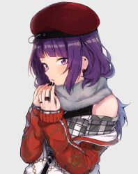 Rule 34 | 1girl, :o, bare shoulders, beret, black nails, black shirt, blunt bangs, blush, chain print, diagonal bangs, ear piercing, earrings, enpera, fingernails, fur collar, grey background, grey scarf, hands up, hanetsuka, hat, highres, idolmaster, idolmaster shiny colors, jacket, jewelry, long hair, long sleeves, looking at viewer, medium bangs, multicolored clothes, multicolored jacket, multiple rings, nail polish, off shoulder, open clothes, open jacket, open mouth, own hands together, parted lips, piercing, plaid, plaid shirt, purple eyes, purple hair, red hat, red jacket, ring, scarf, shirt, sidelocks, simple background, sleeveless, sleeveless shirt, sleeves past wrists, solo, tanaka mamimi, upper body, white background, white jacket, white shirt, zipper