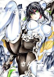 Rule 34 | 1girl, arm guards, arms behind back, black gloves, black hair, bodysuit, breasts, bun cover, cape, chinese clothes, closed mouth, cloud print, covered erect nipples, crotch, double bun, fate/grand order, fate (series), fingerless gloves, gloves, green eyes, hair bun, holding, holding weapon, marker (medium), medium breasts, polearm, qin liangyu (fate), sidelocks, skin tight, solo, spear, standing, standing on one leg, taut clothes, thighs, traditional media, weapon, white bodysuit, white cape, yqgkg