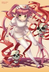 Rule 34 | 1girl, absurdres, blush, character name, ebola-chan, flower, full body, garter straps, hair flower, hair ornament, hat, highres, long hair, looking at viewer, nurse, nurse cap, original, palms, personification, pink hair, shadow, side slit, skull, smile, solo, teeth, thighhighs, time (fiftean), twintails, very long hair, yellow eyes, zettai ryouiki