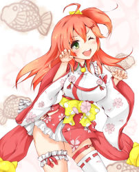 Rule 34 | 1girl, a u m78, ahoge, blush, breasts, bridal garter, cherry blossom print, cherry blossoms, floral print, food, frills, green eyes, hair between eyes, hair ornament, hairclip, hololive, long hair, one eye closed, one side up, open mouth, paw pose, pink hair, sakura miko, sakura miko (1st costume), solo, taiyaki, teeth, upper teeth only, virtual youtuber, wagashi, wide sleeves