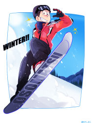 Rule 34 | 10s, 1boy, anubisu-no-sinpan, brown hair, day, english text, gloves, goggles, goggles on head, looking at viewer, male focus, matsuno osomatsu, mountain, osomatsu-kun, osomatsu-san, osomatsu (series), sky, smile, snowboard, snowboarding, solo, sparkle, winter clothes