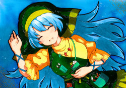 Rule 34 | 1girl, apron, arm ribbon, arm up, bad id, bad pixiv id, blue background, blue hair, chisel, closed eyes, dress, facing viewer, green apron, green headwear, green hood, hand on own stomach, haniyasushin keiki, head scarf, jewelry, magatama, magatama necklace, necklace, open mouth, puffy short sleeves, puffy sleeves, qqqrinkappp, ribbon, short sleeves, solo, tools, touhou, traditional media, wood carving tool, yellow dress