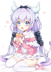 Rule 34 | 10s, 1girl, beads, black hairband, blue eyes, blush, bow, capelet, crepe, dragon girl, dragon horns, dragon tail, dress, fang, food, full body, gradient hair, hair beads, hair bow, hair ornament, hairband, highres, holding, holding food, horns, kanna kamui, kobayashi-san chi no maidragon, long hair, long sleeves, looking at viewer, monster girl, multicolored hair, open mouth, pingo, pink footwear, shiny skin, shoes, short dress, silver hair, simple background, sitting, solo, tail, thighhighs, twintails, wariza, white background, white thighhighs
