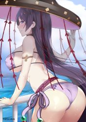 Rule 34 | 1girl, ass, back, bikini, blush, breasts, covered erect nipples, day, eyepatch bikini, fate/grand order, fate (series), from behind, hand up, hat, kaetzchen, large breasts, long hair, looking at viewer, minamoto no raikou (fate), minamoto no raikou (swimsuit lancer) (first ascension) (fate), ocean, outdoors, profile, purple bikini, purple eyes, purple hair, railing, side-tie bikini bottom, sideboob, sidelocks, smile, swimsuit, very long hair