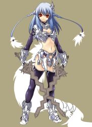 Rule 34 | 1girl, armor, bad id, bad pixiv id, blue hair, breasts, cleavage, dual wielding, elbow gloves, full body, gloves, holding, hotori (sion), knight, large breasts, long hair, midriff, navel, original, red eyes, simple background, solo, sword, thighhighs, weapon