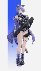 Rule 34 | 1girl, animal ears, bare shoulders, black gloves, black leotard, blue background, boots, breasts, full body, gloves, gradient background, groin, gun, hair between eyes, highleg, highleg leotard, highres, holding, holding gun, holding weapon, jacket, leotard, long sleeves, looking at viewer, marble (marblesized), medium breasts, multicolored clothes, multicolored jacket, off shoulder, open clothes, open jacket, original, parted lips, pouch, puffy sleeves, purple eyes, purple hair, purple jacket, short eyebrows, short hair, simple background, solo, standing, tail, teeth, thick eyebrows, thigh pouch, tiger ears, tiger girl, tiger tail, two-tone background, two-tone jacket, two-tone leotard, weapon, white background, white jacket, white leotard