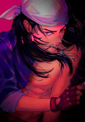Rule 34 | 1boy, bandana, black hair, blue shirt, chinese clothes, earrings, gloves, highres, holding, holding weapon, jewelry, long hair, looking at viewer, looprabbit, male focus, mouth hold, muscular, pink background, red eyes, ren wu ying, sega, shenmue, shenmue ii, shenmue iii, shirt, solo, teeth, teeth hold, weapon, white bandana