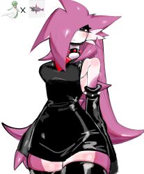 Rule 34 | 1girl, armlet, bare shoulders, black dress, black eyes, black eyeshadow, black sleeves, black thighhighs, breasts, collar, colored skin, cowboy shot, creatures (company), detached sleeves, dress, eyeshadow, frown, fusion, game freak, gardevoir, gen 3 pokemon, goth fashion, hair over one eye, highres, long hair, makeup, medium breasts, nintendo, pokemon, pokemon (creature), purple hair, sideboob, simple background, solo, spiked armlet, spiked collar, spikes, standing, thighhighs, usa37107692, veluza, very long hair, white background, white skin