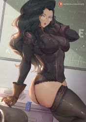 Rule 34 | 1girl, araneesama, asami sato, ass, avatar legends, bespectacled, big hair, black garter straps, black hair, black leotard, black thighhighs, breasts, brown gloves, chalkboard, classroom, condom, condom packet strip, condom wrapper, covered erect nipples, covered navel, eyeshadow, forehead, garter straps, glasses, gloves, green eyes, highres, impossible clothes, impossible leotard, large breasts, leotard, lips, long hair, makeup, no pants, paid reward available, pinup (style), rimless eyewear, round eyewear, shoulder pads, skindentation, solo, the legend of korra, thick thighs, thighhighs, thighs