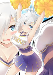 Rule 34 | 10s, 1girl, armpits, arms up, blue eyes, blush, breasts, cheerleader, cleavage, close-up, eyes visible through hair, hair ornament, hair over one eye, hairclip, hamakaze (kancolle), highres, ishima yuu, kantai collection, large breasts, midriff, motion blur, multiple views, navel, open mouth, pom pom (cheerleading), projected inset, short hair, silver hair, skirt, wavy mouth