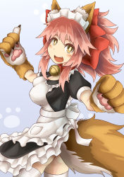 Rule 34 | 1girl, alternate costume, animal ears, animal hands, apron, bell, breasts, collar, enmaided, fang, fate/grand order, fate (series), fox ears, fox tail, hair ribbon, highres, large breasts, long hair, looking at viewer, maid, maid apron, maid headdress, neck bell, open mouth, pink hair, ribbon, solo, tail, tamamo (fate), tamamo cat (fate), tamamo cat (second ascension) (fate), tamamo no mae (fate/extra), yellow eyes, yomura (yohann48)