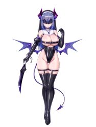 Rule 34 | 1girl, blindfold, blue hair, breasts, chain paradox, cocytus (wind master), dagger, demon girl, demon horns, demon tail, demon wings, full body, habit, highleg, highleg leotard, highres, holding, holding dagger, holding knife, holding weapon, horns, jewelry, knife, large breasts, latex, leotard, long hair, looking at viewer, low wings, necklace, nun, revealing clothes, shiny clothes, skindentation, smile, solo, tail, thighhighs, weapon, white background, wings