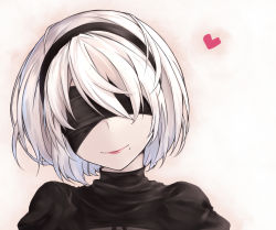 Rule 34 | 1girl, black dress, black hairband, blindfold, closed mouth, covered eyes, dress, facing viewer, fuyoru, hair over eyes, hairband, heart, juliet sleeves, lips, long sleeves, looking at viewer, mole, mole under mouth, nier (series), nier:automata, pink lips, puffy sleeves, ribbed dress, short hair, smile, solo, turtleneck, upper body, white hair, 2b (nier:automata)