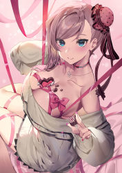 Rule 34 | 1girl, bare shoulders, beige sweater, blue eyes, blush, breasts, candy, chocolate, chocolate heart, cleavage, collarbone, fate/grand order, fate (series), food, hair bun, heart, highres, large breasts, long hair, long sleeves, looking at viewer, miyamoto musashi (fate), off-shoulder sweater, off shoulder, pink hair, pink ribbon, ponytail, ribbon, side bun, single side bun, sitting, smile, solo, sweater, swept bangs, thighs, valentine, yoshimoto (dear life)