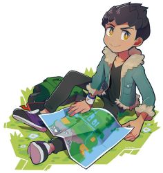 Rule 34 | 1boy, black hair, black pants, black shirt, bo9 (bo9 nc), closed mouth, commentary request, creatures (company), dark-skinned male, dark skin, fur-trimmed jacket, fur trim, game freak, grass, green bag, hop (pokemon), jacket, light blush, looking to the side, male focus, map, nintendo, pants, pokemon, pokemon swsh, shirt, shoes, short hair, sitting, smile, solo, yellow eyes