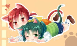 Rule 34 | 10s, 2girls, animal ears, blush, cat ears, cat tail, gleision adain, green eyes, green hair, green sweater vest, hino akane (smile precure!), kemonomimi mode, midorikawa nao, multiple girls, one eye closed, ponytail, precure, red eyes, red hair, school uniform, sepia background, short hair, sleeves rolled up, smile precure!, sweater vest, tail, wink