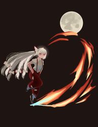 Rule 34 | 1girl, absurdres, baggy pants, black background, black footwear, bow, collared shirt, fire, from side, fujiwara no mokou, full body, full moon, hair bow, hands in pockets, highres, long hair, looking at viewer, moon, pants, ponytail, profile, red eyes, red pants, shirt, shoes, socks, solo, standing, standing on one leg, suspenders, sweet reverie, touhou, very long hair, white bow, white hair, white shirt, white socks