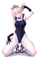 Rule 34 | 1girl, artoria pendragon (all), artoria pendragon (alter swimsuit rider) (fate), artoria pendragon (alter swimsuit rider) (third ascension) (fate), artoria pendragon (fate), bare legs, black gloves, black nails, black one-piece swimsuit, blonde hair, blue ribbon, bottle, breasts, choker, competition swimsuit, covered navel, fate/grand order, fate (series), full body, gloves, gluteal fold, hair between eyes, hair ribbon, hand up, head tilt, high heels, highleg, highleg swimsuit, holding, looking at viewer, lotion, medium breasts, nail polish, one-piece swimsuit, ribbon, saber (fate), saber (summer battle clothes) (fate), saber alter, sandals, simple background, smile, solo, swimsuit, tiara, toenail polish, toenails, ulrich (tagaragakuin), white background, yellow eyes
