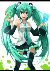 Rule 34 | 1girl, aqua hair, bare shoulders, black thighhighs, detached sleeves, haseneko, hatsune miku, highres, holographic interface, letterboxed, long hair, looking at viewer, musical note, necktie, purple eyes, skirt, solo, thighhighs, twintails, very long hair, vocaloid