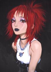 Rule 34 | absurdres, animification, bare arms, black background, black choker, black lips, choker, eyelashes, heart, heart print, highres, jewelry, jurin (xg), looking at viewer, makeup, necklace, nose piercing, piercing, ponytail, red eyes, red hair, silver necklace, tank top, wang-xi, white tank top, xg (group), y2k fashion