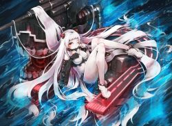 Rule 34 | 10s, 1girl, abyssal ship, afloat, airfield princess, breasts, colored skin, highres, horns, kajaneko, kantai collection, long hair, one eye closed, red eyes, rubbing eyes, solo, white hair, white skin