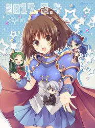 Rule 34 | 2017, 2boys, 2girls, arle nadja, armor, armored dress, blue dress, blue eyes, blue skirt, blush, brown eyes, cape, carbuncle, carbuncle (puyopuyo), chibi, closed eyes, date pun, dated, demon horns, dress, green eyes, green hair, happy, head tilt, horns, knee up, long hair, long sleeves, looking at viewer, madou monogatari, midriff, mini person, miniboy, minigirl, multiple boys, multiple girls, navel, number pun, open mouth, outline, pointy ears, ponytail, puyo day, puyopuyo, red cape, rento (rukeai), rulue (puyopuyo), satan (puyopuyo), schezo wegey, short dress, short hair, short sleeves, silver hair, skirt, smile, star (symbol), translated, twitter username, underbust, very long hair, white outline
