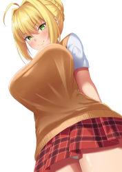 Rule 34 | &gt;:&gt;, 10s, 1girl, :&gt;, ahoge, blonde hair, blush, braid, breasts, dearonnus, fate/extra, fate/grand order, fate (series), french braid, from below, green eyes, hair bun, hair intakes, large breasts, looking at viewer, miniskirt, nero claudius (fate), nero claudius (fate) (all), nero claudius (fate/extra), panties, pantyshot, plaid, plaid skirt, school uniform, short hair, short sleeves, simple background, single hair bun, skirt, smile, solo, standing, underwear, upskirt, v-shaped eyebrows, white background, white panties