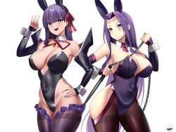 Rule 34 | 2girls, animal ears, bare shoulders, bb (fate), bb (fate/extra), black leotard, blush, breasts, brown pantyhose, brown thighhighs, chain, cleavage, covered navel, dagger, detached collar, detached sleeves, facial mark, fake animal ears, fate/extra, fate/extra ccc, fate/grand order, fate/stay night, fate (series), forehead, forehead mark, hair ribbon, highleg, highleg leotard, hip vent, knife, kurozawa yui, large breasts, leotard, long hair, looking at viewer, medusa (fate), medusa (rider) (fate), multiple girls, nail polish, nameless dagger (fate), open mouth, pantyhose, parted bangs, playboy bunny, popped collar, purple eyes, purple hair, purple leotard, rabbit ears, red ribbon, ribbon, sidelocks, smile, thighband pantyhose, thighhighs, very long hair, weapon, wrist cuffs