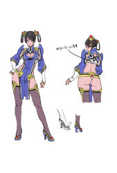 Rule 34 | 1girl, ass, back, black hair, blue eyes, breasts, character sheet, china dress, chinese clothes, cleavage, cleavage cutout, clothing cutout, contrapposto, dress, flat color, hair rings, hairpods, high heels, large breasts, nen-nen, original, puffy sleeves, short hair, solo, standing, thighhighs, translation request, white background, yamashita shun&#039;ya