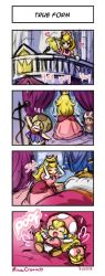Rule 34 | 1girl, 2boys, 4koma, bad id, bad twitter id, balcony, bed, comic, dated, dress, elbow gloves, gloves, long hair, lying, mario (series), microphone, microphone stand, mina cream, multiple boys, new super mario bros. u deluxe, nintendo, on back, on bed, pink dress, princess peach, removing headwear, signature, silent comic, smile, super crown, toad (mario), toadsworth, transformation, waving, white gloves