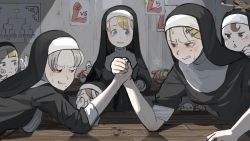 Rule 34 | 6+girls, anger vein, animal, animal on head, arm up, arm wrestling, bandaged hand, bird, blonde hair, blue eyes, blush, brown eyes, bug, chart (object), clenched hand, clenched teeth, clumsy nun (diva), commentary, diva (hyxpk), duck, eating, elbows on table, english commentary, figure, flexing, fly, frog, froggy nun (diva), glasses, glasses nun (diva), graffiti, habit, hair ornament, hairclip, heart, heart-shaped eyewear, highres, index finger raised, indoors, insect, leaning forward, little nuns (diva), looking at another, mole, mole under eye, mole under mouth, moth, multiple girls, nervous sweating, nun, on head, open hand, original, poster (object), pumpkin, ribbon, round eyewear, running bond, shadow, silver hair, sleeves rolled up, smile, smug nun (diva), spicy nun (diva), spotlight, star (symbol), sticker, strict nun (diva), sweat, sweatdrop, table, teeth, tinted eyewear, tongue, tongue out, tournament bracket, traditional nun, triangle mouth, veins, wall, watching, wooden table, yellow eyes