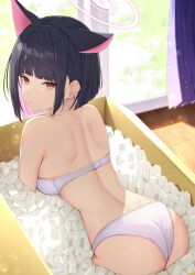 Rule 34 | 1girl, absurdres, animal ears, armpits, ass, back, bare shoulders, black hair, blue archive, blunt bangs, box, bra, breasts, cat ears, closed mouth, colored inner hair, commentary, english commentary, from above, from behind, halo, highres, in box, in container, indoors, kazusa (blue archive), light particles, looking at viewer, looking back, medium breasts, multicolored hair, packing peanuts, panties, pink hair, red eyes, rosumerii, short hair, shoulder blades, solo, two-tone hair, underwear, underwear only, wedgie, white bra, white panties