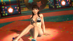 Rule 34 | 1girl, 3d, absurdres, arm support, black hair, breasts, circus, dead or alive, dead or alive 5, highres, large breasts, lei fang, looking at viewer, official art, sitting, solo, swimsuit, tecmo