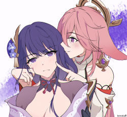 Rule 34 | 2girls, absurdres, animal ears, armor, artist name, breasts, cheek pinching, cheek poking, choker, chromatic aberration, cleavage, color streak, commentary request, detached sleeves, earrings, flat color, floppy ears, flower, fox ears, genshin impact, gold trim, hair flower, hair ornament, hermityy, highres, japanese clothes, jewelry, kimono, light blush, light smile, long hair, looking at another, looking at viewer, medium breasts, mole, mole under eye, multiple girls, nontraditional miko, obiage, pauldrons, pinching, pink hair, poking, purple eyes, purple flower, purple kimono, raiden shogun, red ribbon, ribbon, ribbon choker, shirt, shoulder armor, shrug (clothing), single pauldron, sleeveless, sleeveless shirt, teasing, upper body, vision (genshin impact), white background, white shirt, wide sleeves, yae miko