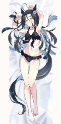 1girl absurdres ahoge animal_ears arms_up bed_sheet bikini black_bikini black_hair breasts dakimakura_(medium) ear_flower feet full_body hair_between_eyes highres horse_ears horse_girl jacket jewelry kimihitsuji long_hair lying manhattan_cafe_(the_bubbles_that_i_see_with_you)_(umamusume) manhattan_cafe_(umamusume) multicolored_hair necklace official_alternate_costume official_alternate_hairstyle on_back parted_lips see-through see-through_jacket small_breasts solo swimsuit two-tone_hair umamusume white_hair yellow_eyes