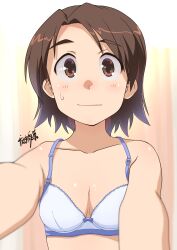 Rule 34 | 1girl, artist name, blue bra, blurry, blurry foreground, bow, bow bra, bra, breasts, brown eyes, brown hair, closed mouth, commentary, depth of field, foreshortening, girls und panzer, highres, lace, lace-trimmed bra, lace trim, osamada meika, parted bangs, sawa azusa, selfie, short hair, signature, small breasts, smile, solo, sweatdrop, underwear, underwear only