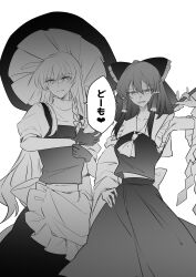 Rule 34 | 2girls, absurdres, apron, armpits, ascot, bow, braid, chest sarashi, commentary, detached sleeves, dressing, frilled bow, frilled hair tubes, frills, fuko (fukkofuko), gloves, gohei, greyscale, hair bow, hair tubes, hakurei reimu, hand on own hip, hat, heart, highres, holding, holding gohei, kirisame marisa, long hair, looking at viewer, monochrome, multiple girls, open mouth, partially fingerless gloves, sarashi, shared speech bubble, short sleeves, side braid, simple background, single braid, skirt, smile, speech bubble, spoken heart, touhou, translated, vest, waist apron, white background, witch hat