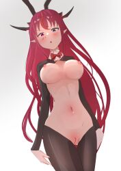 1girl 4nchor666 :o absurdres alternate_costume animal_ears blush bow bowtie breasts cleft_of_venus cowboy_shot crotchless crotchless_pantyhose fake_animal_ears from_below functionally_nude groin highres hololive hololive_english horns irys_(hololive) large_breasts leotard long_hair looking_at_viewer meme_attire multicolored_hair navel pantyhose playboy_bunny purple_hair pussy rabbit_ears red_bow red_bowtie red_hair reverse_bunnysuit reverse_outfit shrug_(clothing) sidelocks simple_background stomach two-tone_hair virtual_youtuber white_background