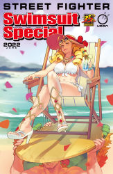 Rule 34 | 1girl, 2boys, absurdres, bare legs, beach, beach chair, bikini, blanka, breasts, character request, cleavage, colored skin, crossed legs, cup, dated, day, english text, green skin, high heels, highres, holding, holding cup, kanzuki karin, large breasts, multiple boys, navel, norasuko, outdoors, second-party source, shadow, signature, solo focus, street fighter, surfboard, swimsuit, water, white bikini, white footwear