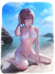 Rule 34 | 1girl, aos, arm up, bare arms, bare legs, bare shoulders, barefoot, beach, bikini, blue sky, blush, bracelet, breasts, brown eyes, brown hair, cleavage, closed mouth, collarbone, day, full body, hair ornament, hairclip, halterneck, hand in own hair, jewelry, looking at viewer, medium breasts, navel, necklace, o-ring, o-ring bikini, ocean, original, outdoors, short hair, sitting, sky, solo, stomach, sunlight, swimsuit, wariza, water, white bikini