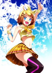 Rule 34 | 1girl, absurdres, ahoge, alternate costume, bad id, bad pixiv id, blonde hair, blue eyes, blue sky, blush, breasts, cheerleader, cleavage, cleavage cutout, clothing cutout, cloud, highres, jumping, kagamine rin, medium breasts, navel, panties, pantyshot, pointing, pointing up, project diva (series), ribbon, sky, smile, solo, standing, striped clothes, striped thighhighs, thighhighs, thighs, tsukishiro saika, underboob, underwear, upskirt, vertical-striped clothes, vertical-striped thighhighs, vocaloid, wristband, yellow panties, yellow ribbon