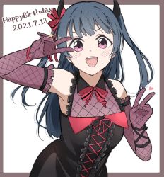 Rule 34 | 1girl, alternate hairstyle, angel of eden (love live!), arm ribbon, artist name, artist request, bare shoulders, belt, black belt, black dress, black skirt, black wings, blue hair, blush, bow, bowtie, breasts, collarbone, collared dress, cross-laced clothes, cross-laced dress, demon horns, dress, elbow gloves, fake demon horns, female focus, gloves, hair ribbon, heart, highres, horns, long hair, looking at viewer, love live!, love live! school idol festival, love live! school idol festival all stars, love live! sunshine!!, medium breasts, miniskirt, parted lips, pink eyes, plaid, plaid dress, plaid skirt, pleated, pleated dress, pleated skirt, purple eyes, purple gloves, red bow, red ribbon, red wings, ribbon, skirt, small breasts, smile, solo, sparkle, strapless, strapless dress, teeth, tsushima yoshiko, twintails, two side up, v, v-shaped eyebrows, v over eye, white background, wings, wrist ribbon